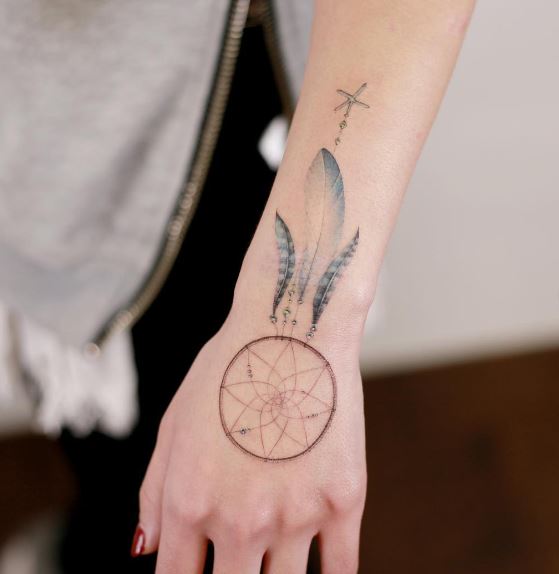 Dreamcatcher with Blue Feathers Hand Tattoo
