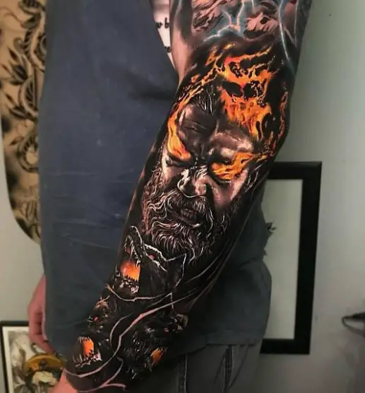 Colorful Hades with Eyes on Fire Arm Sleeve Tattoo