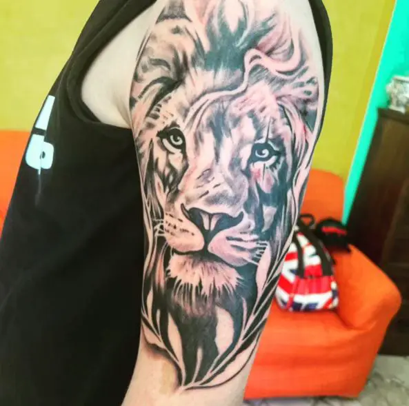 Black and Grey Realistic Lion Head Arm Tattoo