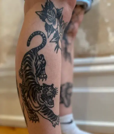 Roses and Roaring Tiger Leg Tattoo