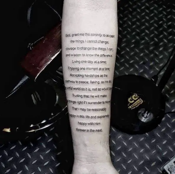 Typewritten Serenity Prayer Forearm Tattoo