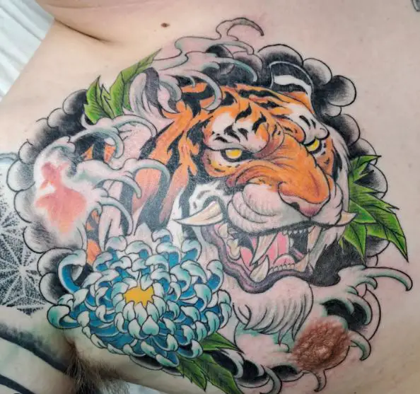Colorful Flowers and Tiger Chest Tattoo