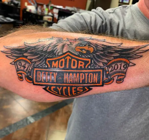 Colorful Eagle and Harley Davidson Logo Forearm Tattoo