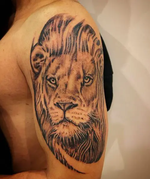 Grey Shaded Realistic Lion Head Arm Tattoo
