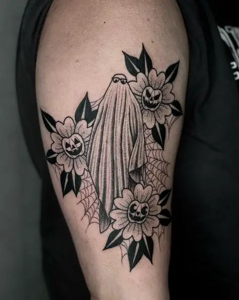 Flowers with Halloween Pumpkin, and Michael Myers Ghost Costume Arm Tattoo