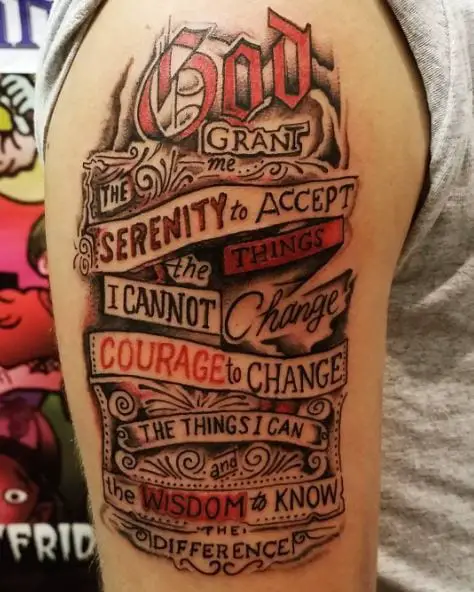 Colorful Serenity Prayer Quote Arm Tattoo