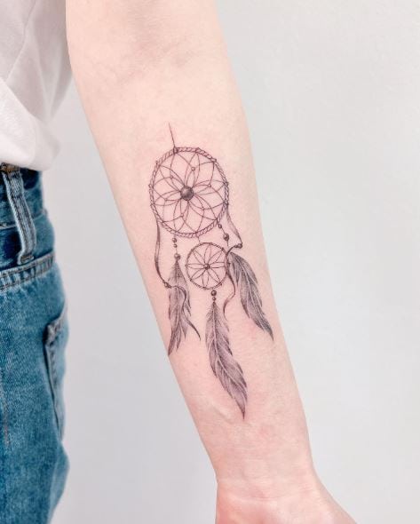 Grey Shaded Dreamcatcher Forearm Tattoo