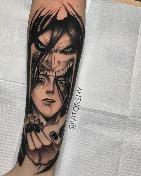 Black and Grey Eren Titan Form Forearm Tattoo