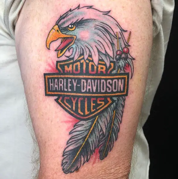 Eagle with Feathers, and Harley Davidson Logo Arm Tattoo