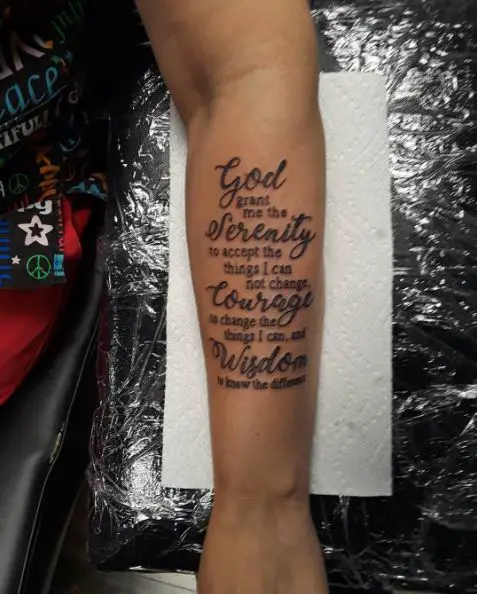 Black Handwritten Serenity Prayer Quote Forearm Tattoo