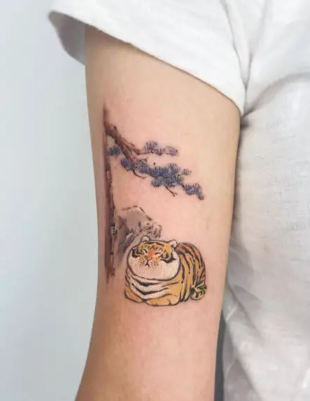 Colorful Tree and Lying Tiger Biceps Tattoo