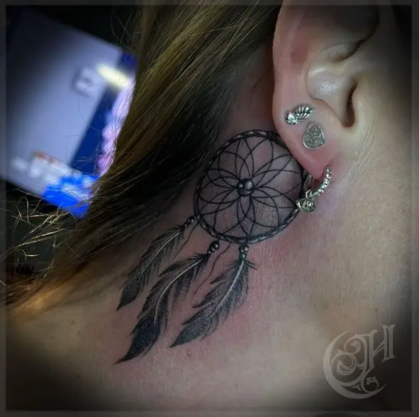 Grey and White Dreamcatcher Behind Ear Tattoo