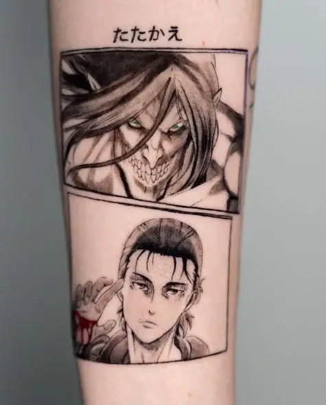 Black and Grey Eren Yeager and His Titan Form Forearm Tattoo