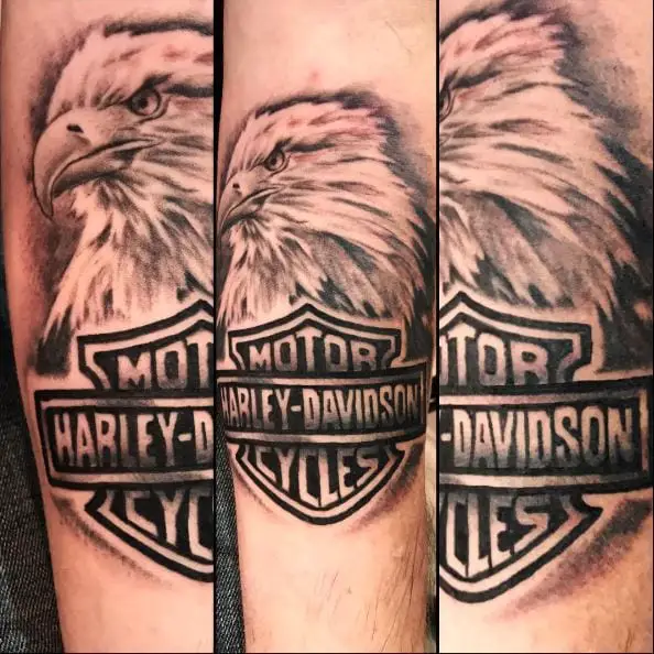 Black and Grey Eagle and Harley Davidson Logo Forearm Tattoo