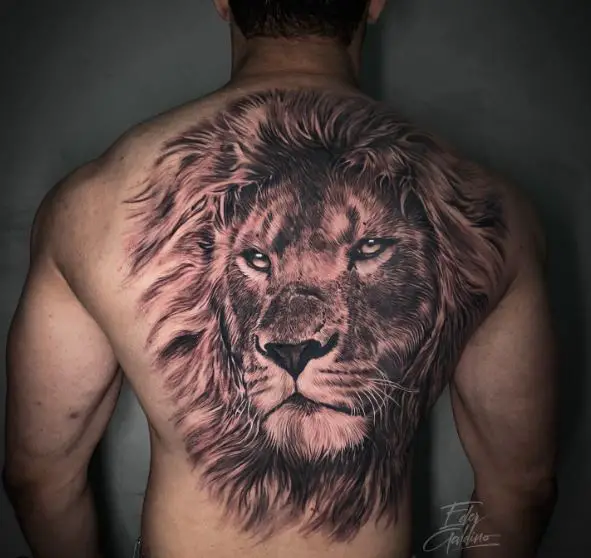 Black and Grey Lion Head Full Back Tattoo