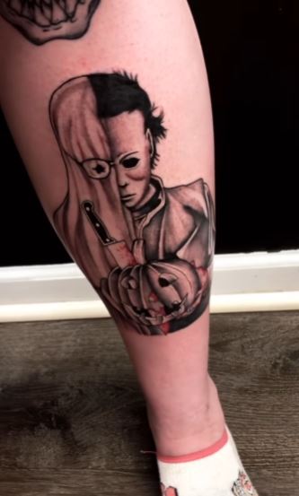 Black and Grey Michael Myers with Ghost Costume Leg Tattoo