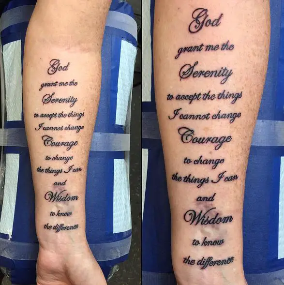 Black Calligraphic Serenity Prayer Quote Forearm Tattoo