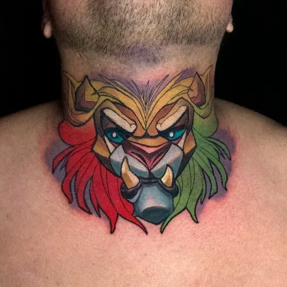Colorful Cartoon Inspired Lion Head Throat Tattoo