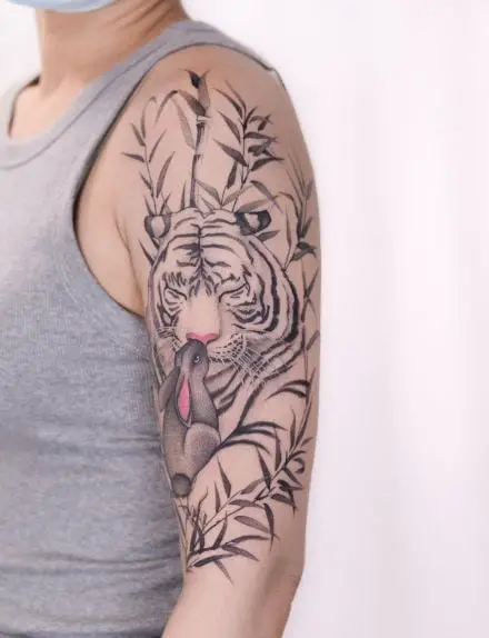 Black and Grey Rabbit and Tiger Arm Tattoo