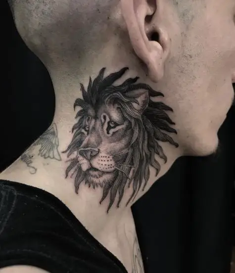 Black and Grey Lion Head Neck Tattoo