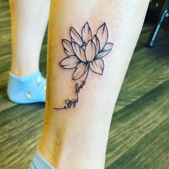 Lotus Flower with Script Leg Tattoo