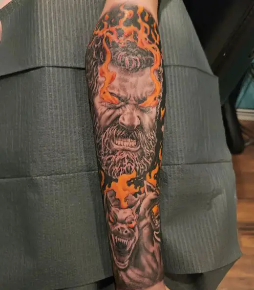 Colored Cerberus, and Hades with Eyes on Fire Forearm Tattoo