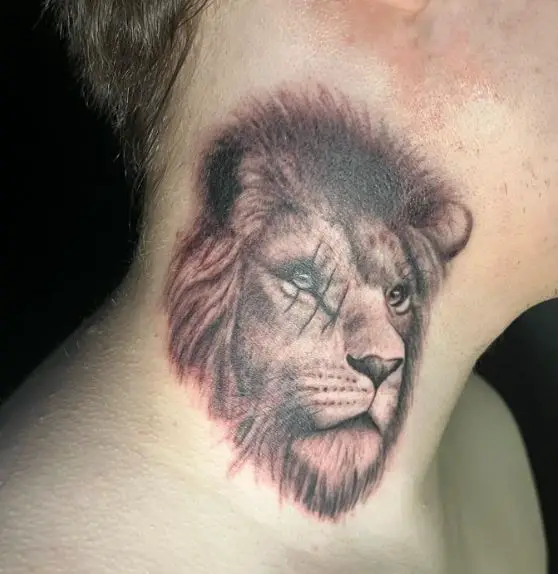 Lion Head with Scars Neck Tattoo
