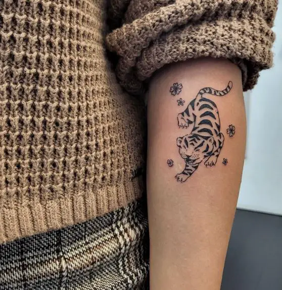 Flowers and Tiger Forearm Tattoo
