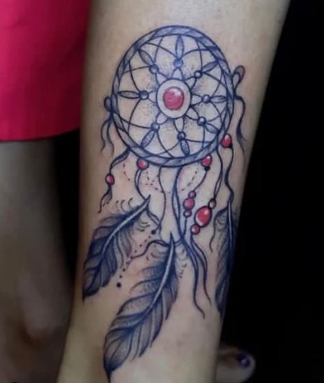 Dreamcatcher with Red Details Leg Tattoo