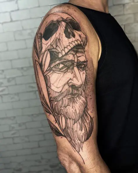 Black and Grey Skull and Hades Arm Tattoo