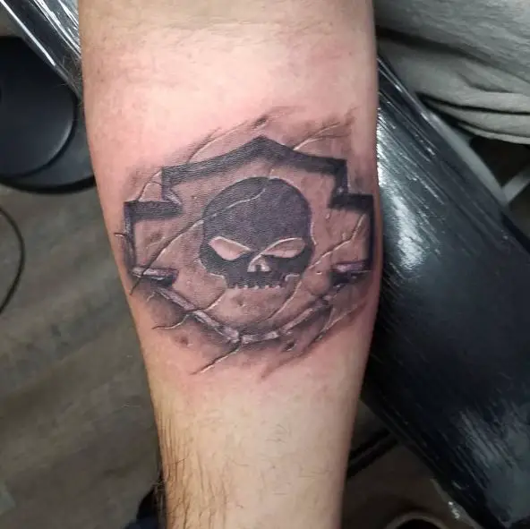 Engraved Harley Davidson Logo with Skull Forearm Tattoo