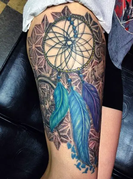 Geometric Background Dreamcatcher with Blue Feathers Thigh Tattoo