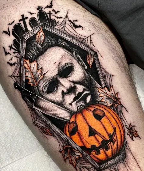 Coffin, Pumpkin, and Michael Myers with Knife Arm Tattoo