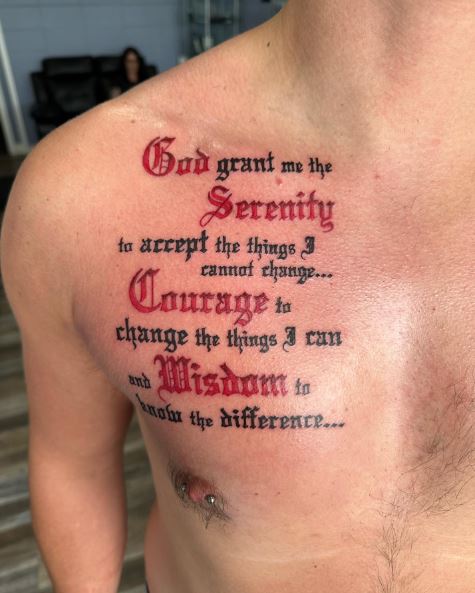 Black and Red Font Serenity Prayer Quote Chest Tattoo