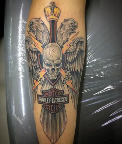 Skull, Eagle with Lightning, and Harley Davidson Logo Tattoo