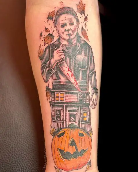 Halloween Pumpkin, and Michael Myers with Bloody Knife Forearm Tattoo