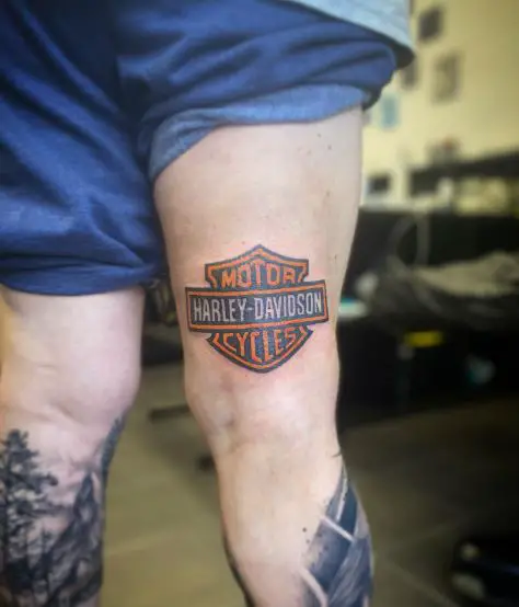 Colorful Harley Davidson Logo Thigh Tattoo