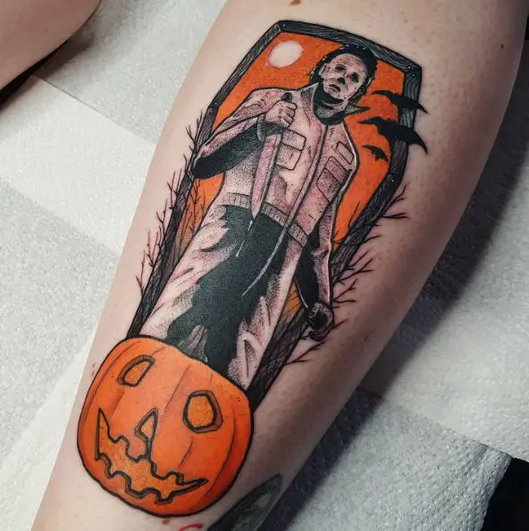 Coffin, Pumpkin, and Michael Myers with Knife Leg Tattoo