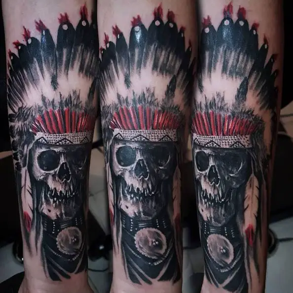 Skull with Cherokee Feather Hat Leg Tattoo