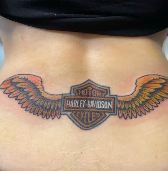 Colorful Harley Davidson Logo with Wings Back Tattoo
