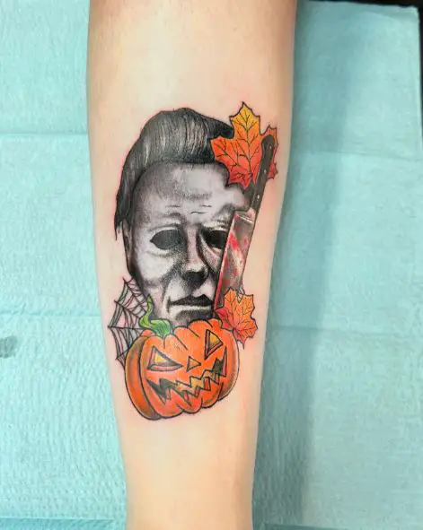 Halloween Pumpkin and Michael Myers with Bloody Knife Tattoo