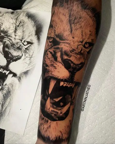 Black and Grey Roaring Lion Forearm Sleeve Tattoo
