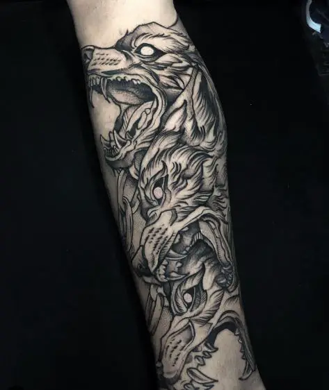 Black and Grey Cerberus Forearm Tattoo