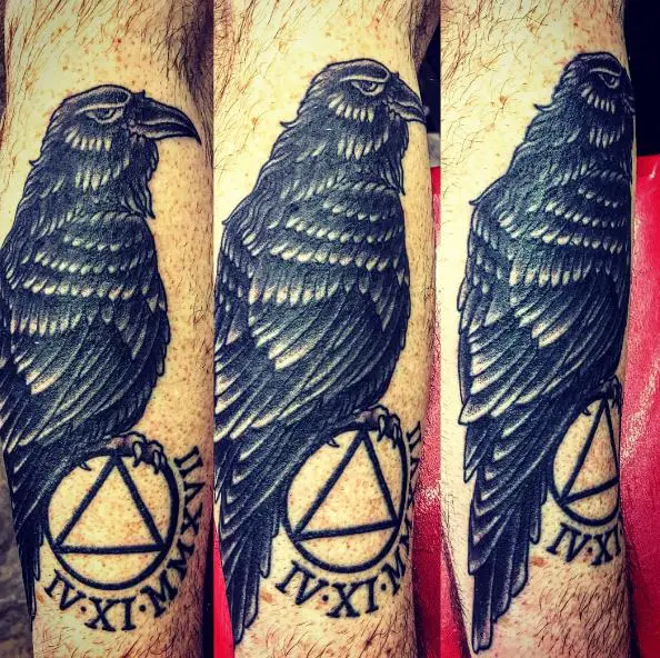 Raven, and AA Symbol with Date Sobriety Forearm Tattoo