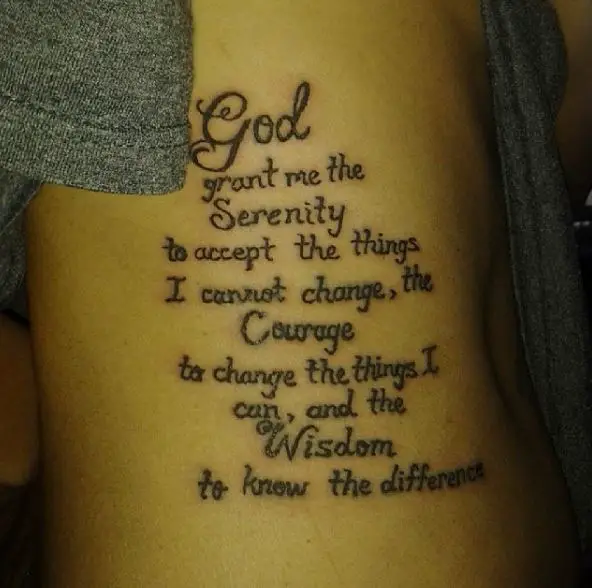 Black Font Serenity Prayer Quote Ribs Tattoo