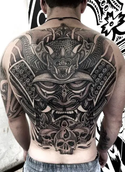 Black and Grey Skulls and Samurai Warrior Full Back Tattoo