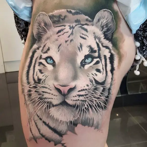 Realistic White Tiger Thigh Tattoo