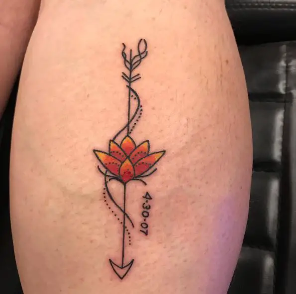 Lotus and Arrow, with Date Sobriety Leg Tattoo
