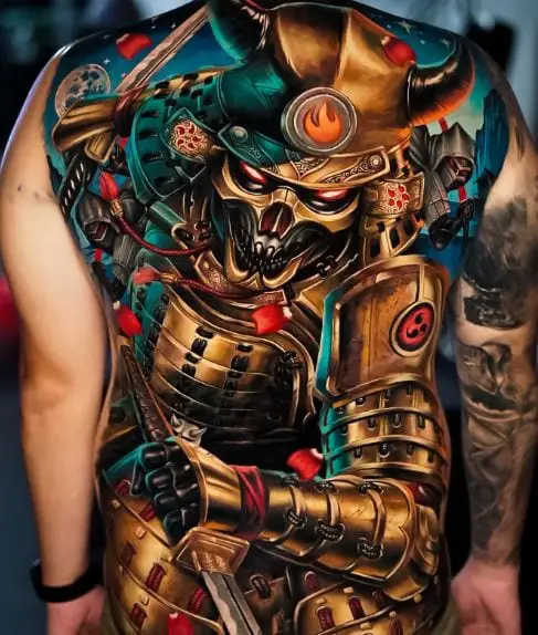 Colorful Realistic Samurai Warrior Full Back Tattoo