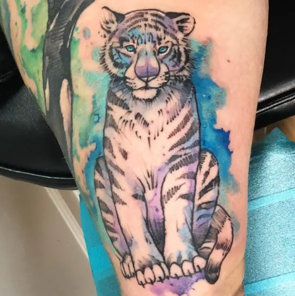 Sitting White Tiger Thigh Tattoo